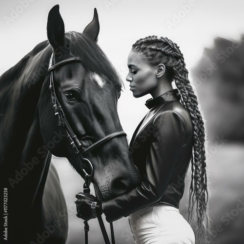 Sophisticated atmosphere with a touch of artistic and nostalgic of a woman with her horse, black and white image.
