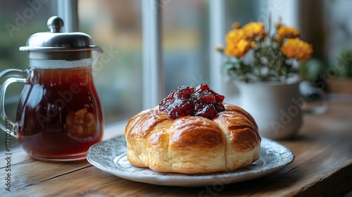 Delicious scone topped with raspberry jam and tea served on a wooden table in...