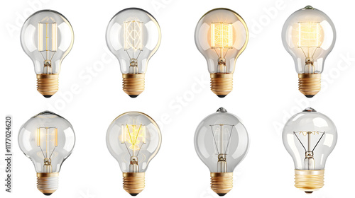 Set collection of transparent classic light bulb switched on and off white background. lighbulb energy idea business concept isolated on a transparent background photo