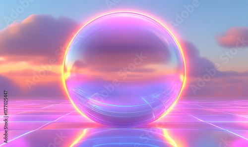 Glowing orb on vibrant grid, sunset.
