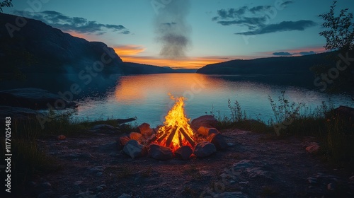 Majestic sunset over a tranquil lake with a warm campfire in the foreground