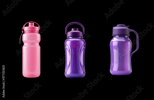 Isolated plastic sports bottles in various colors and styles on transparent background photo