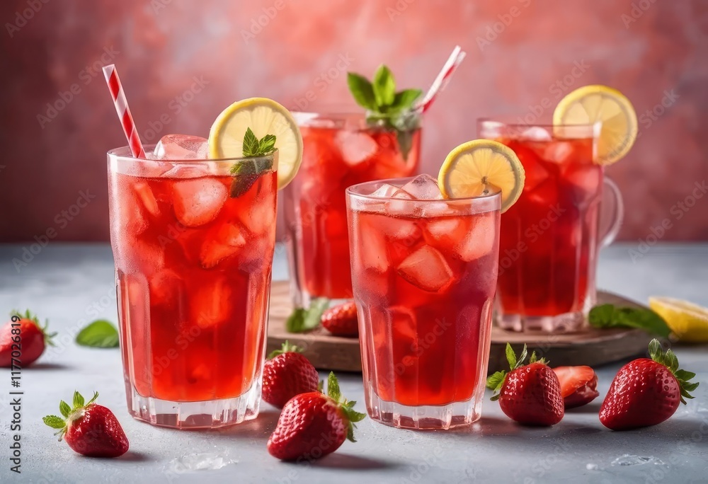 A close-up of a refreshing red drink with strawberry slices and a lemon wedge garnish A close-up of a refreshing red drink with strawberry slices and a lemon wedge garnish