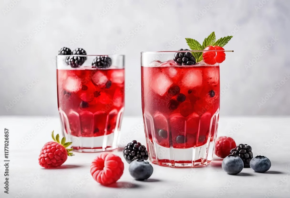 A glass of red cocktail with berries and a straw on a white background