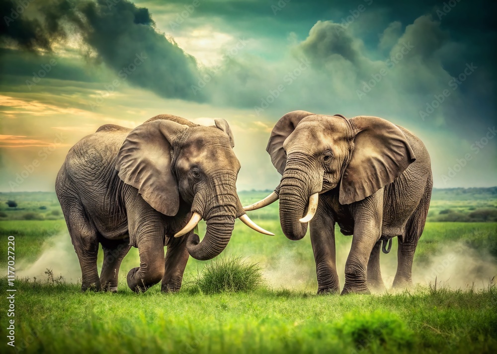 Obraz premium Vintage Serengeti: Elephant Bulls Clashing in Lush Green Season