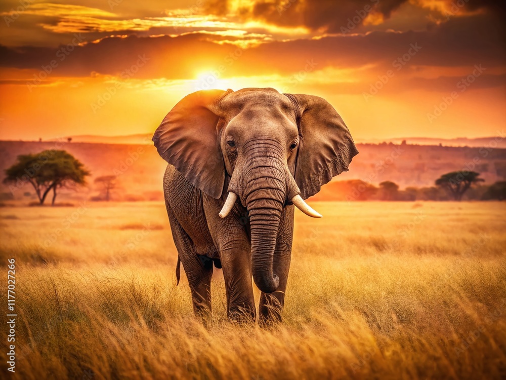 Obraz premium Vintage Serengeti Elephant: Majestic African Bull in Tanzania's Plains