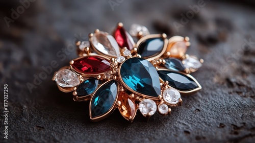 An elegant brooch with sparkling red and blue gemstones set in a stylish design on a textured background, embodying opulence, precision, and sophistication in jewelry art. photo