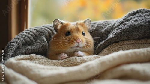 Cute hamster resting comfortably in a cozy blanket at home during the afterno...