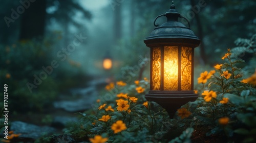 Glowing lantern lights the path in a misty forest filled with blooming flower...