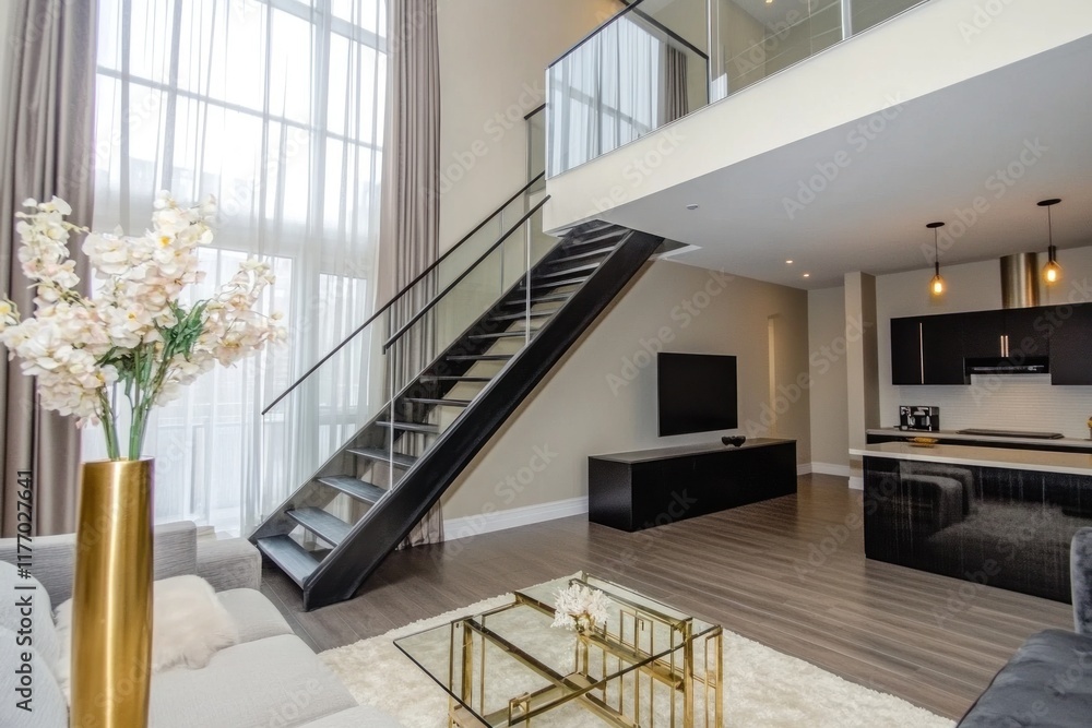 Obraz premium Modern loft apartment interior with open floor plan, staircase, and large windows.