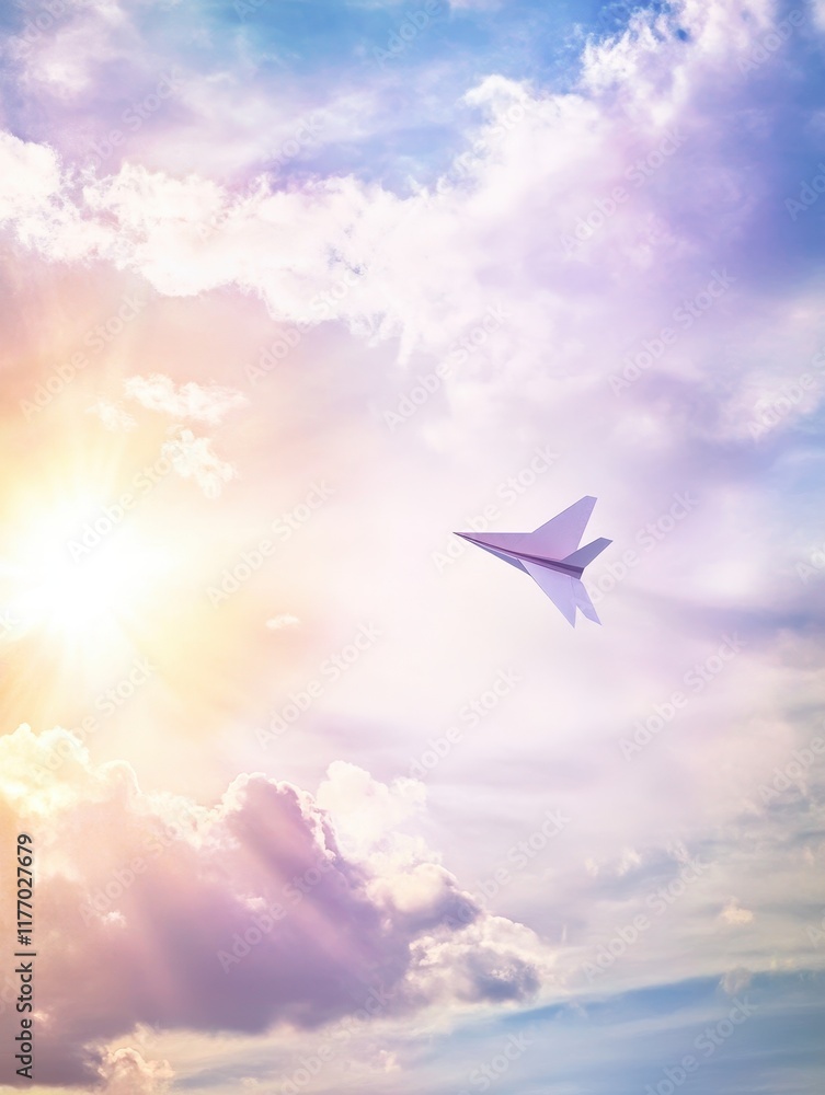 Fototapeta premium Airplane soaring through vibrant skies during sunrise with clouds in the background.