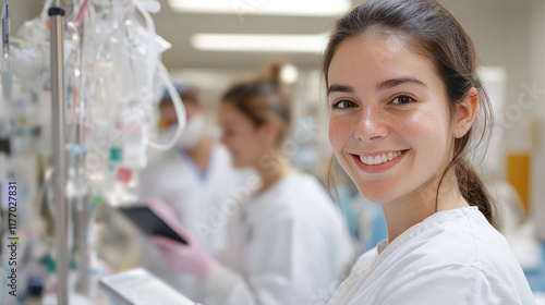 French nurse doctor woman working with medical team in the surgery room