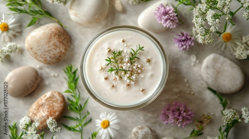 Fresh natural yogurt topped with herbs and flowers arranged on a light surfac...