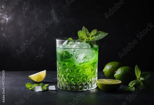 Obraz na płótnie A green cocktail with a slice of lime and a sprig of mint on a black bar counter w salonie