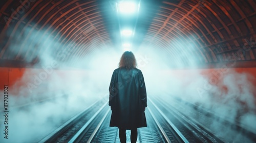 A lone figure stands with their back turned in a fog-filled tunnel, illuminated by overhead lights, capturing a sense of solitude and mysterious atmosphere. photo