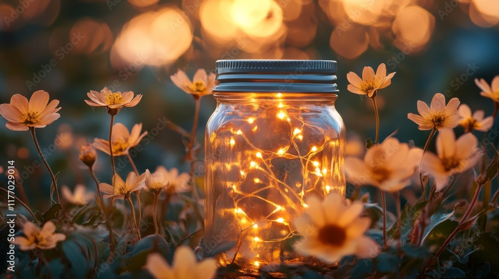 Fototapeta premium String lights enhance a glass jar nestled among vibrant flowers during golden hour