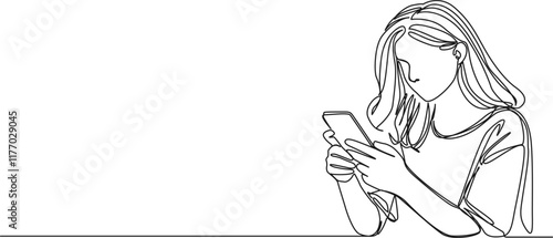 continuous line drawing of teenage girl using smartphone, line art vector illustration
