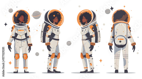 set vector illustratipon of african woman in space suit at another planet isolated on a transparent background