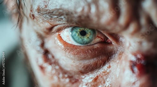 This image features a close-up of a green eye, presenting an intense gaze filled with emotion and surrounded by realistic, detailed features of the human face. photo