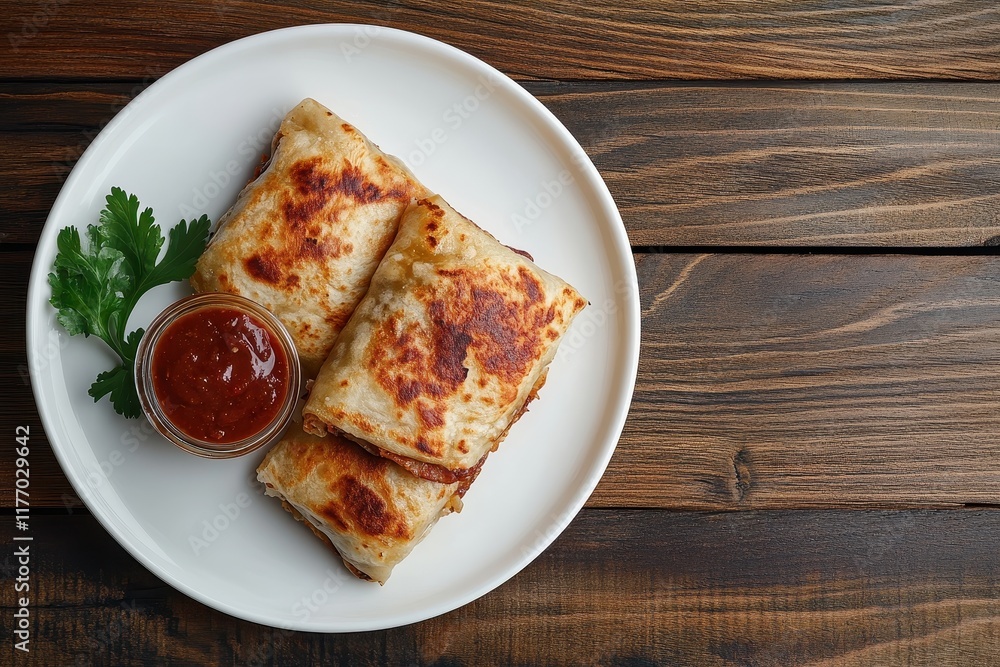 Plate of crispy stuffed rolls served with a side of dipping sauce on a wooden table. Plate of crispy stuffed rolls served with a side of dipping sauce on a wooden table.