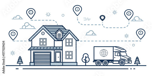 A Conceptual Image Depicting a 'We Have Moved' Theme with a House, Truck, and Map Pins