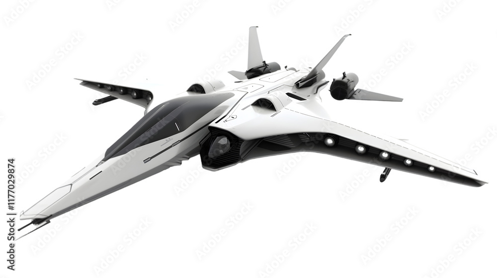 Sleek aerospace space fighter of the future, future high altitude flight technology, gray black white isolated on a transparent background Sleek aerospace space fighter of the future, future high altitude flight technology, gray black white isolated on a transparent background