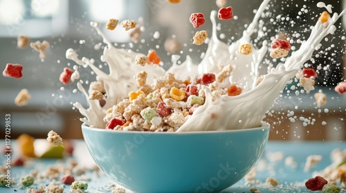 A vivid display of cereals bursting from a blue bowl along with milk splashes, showcasing a thrilling and vibrant representation of a dynamic breakfast experience. photo