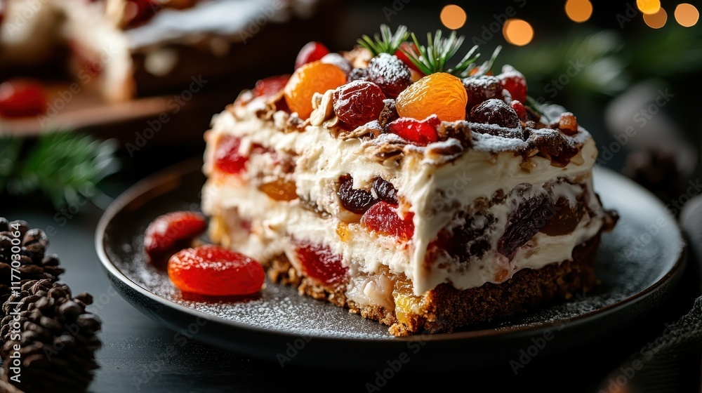 A delectable slice of fruit cake adorned with sumptuous cream and a medley of vibrant dried and fresh fruits, perfect for festive celebrations or sweet indulgence. A delectable slice of fruit cake adorned with sumptuous cream and a medley of vibrant dried and fresh fruits, perfect for festive celebrations or sweet indulgence.
