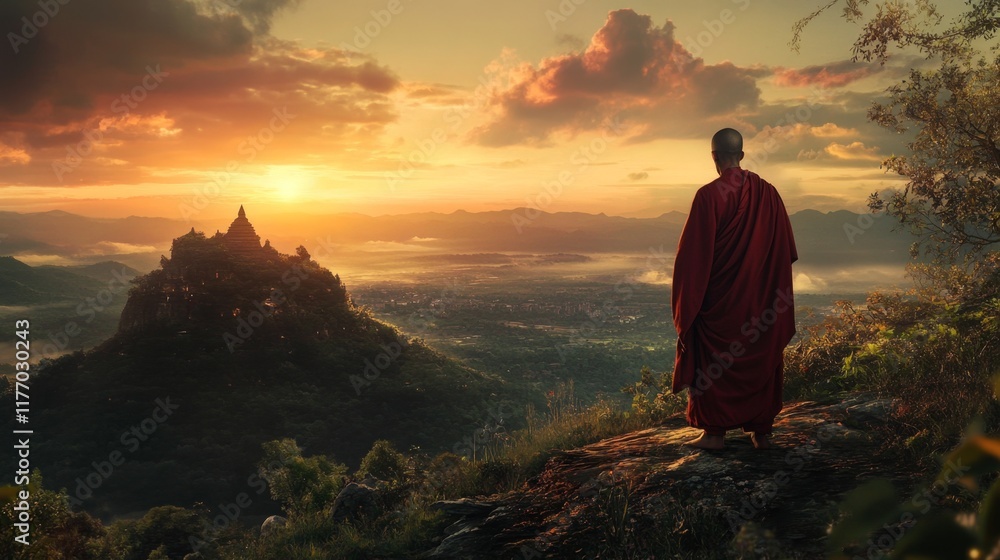 Monk Contemplates Sunrise Over Ancient Temple City Monk Contemplates Sunrise Over Ancient Temple City