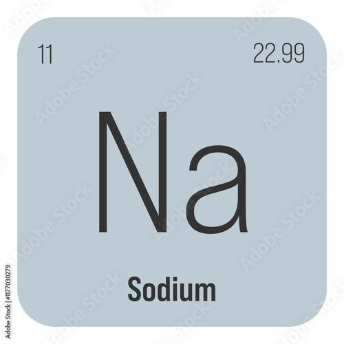 Sodium, Na, periodic table element with name, symbol, atomic number and weight. Alkali metal with various industrial uses, such as in soap, certain types of glass, and as a medication for certain