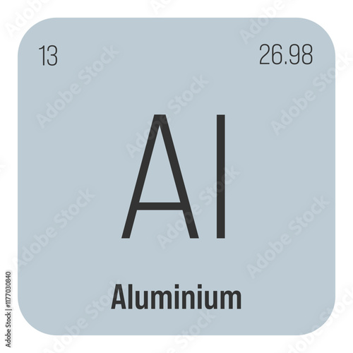 Aluminum, Al, periodic table element with name, symbol, atomic number and weight. Lightweight metal commonly used in construction, packaging, and transportation industries due to its strength and