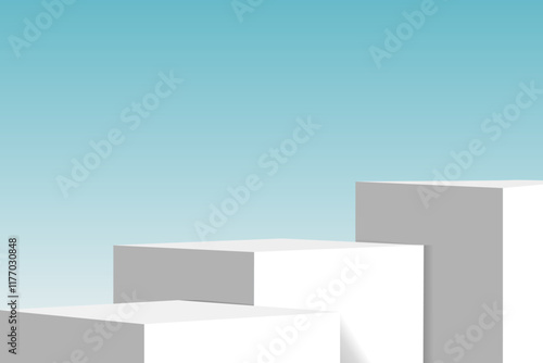 The corner of three white podium with bright blue sky, Blank white product studio background, stage, podium for presentation vector illustration design for display cosmetic or beauty product