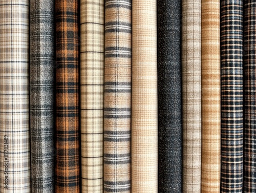 Collection of fabric rolls in neutral and plaid patterns arranged vertically. photo