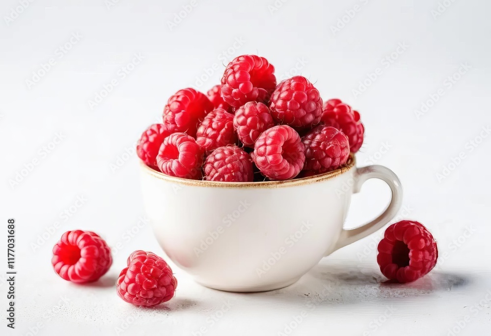 A cup filled with fresh raspberries on a white background A cup filled with fresh raspberries on a white background