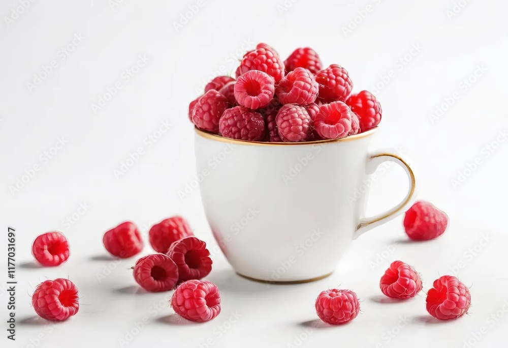 A cup filled with fresh raspberries on a white background A cup filled with fresh raspberries on a white background