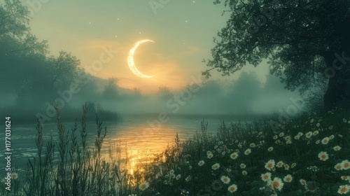Golden crescent moon illuminates a tranquil foggy field at nightfall
