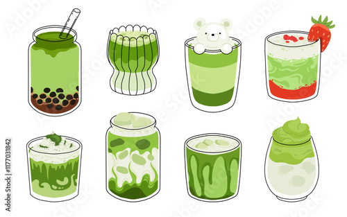 Set of Japan matcha latte. Collection of matcha drinks with latte art heart, leaf, bear, cat. Green iced matcha latte in various cups. Vector Illustration, flat cartoon Icons.