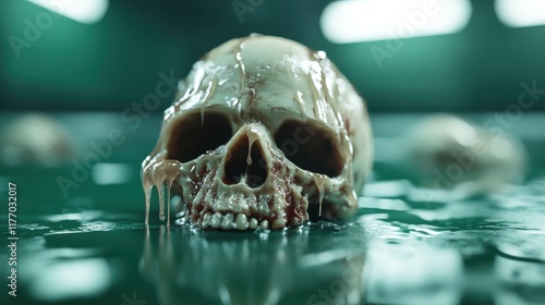 A mysterious skull appears to be melting, floating on a sinister green liquid, suggesting themes of decay and eeriness in a haunting visual environment. photo