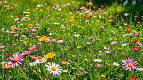 Vibrant wildflower meadow thriving under bright daylight with diverse flora creating a lively ecological setting