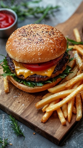 Delicious sesame bun burger served with crispy french fries and tangy dipping...