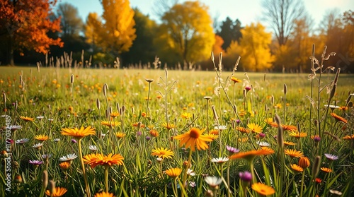 Vibrant wildflower lawn showcasing autumn colors and natural biodiversity under bright daylight in a grand landscape