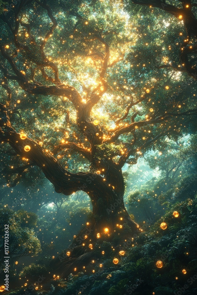 Fototapeta premium Enchanted forest, glowing tree, magical lights.