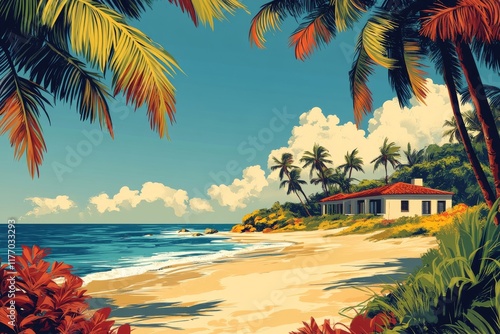 Vibrant beachfront house surrounded by palm trees on a sunny day by the ocean