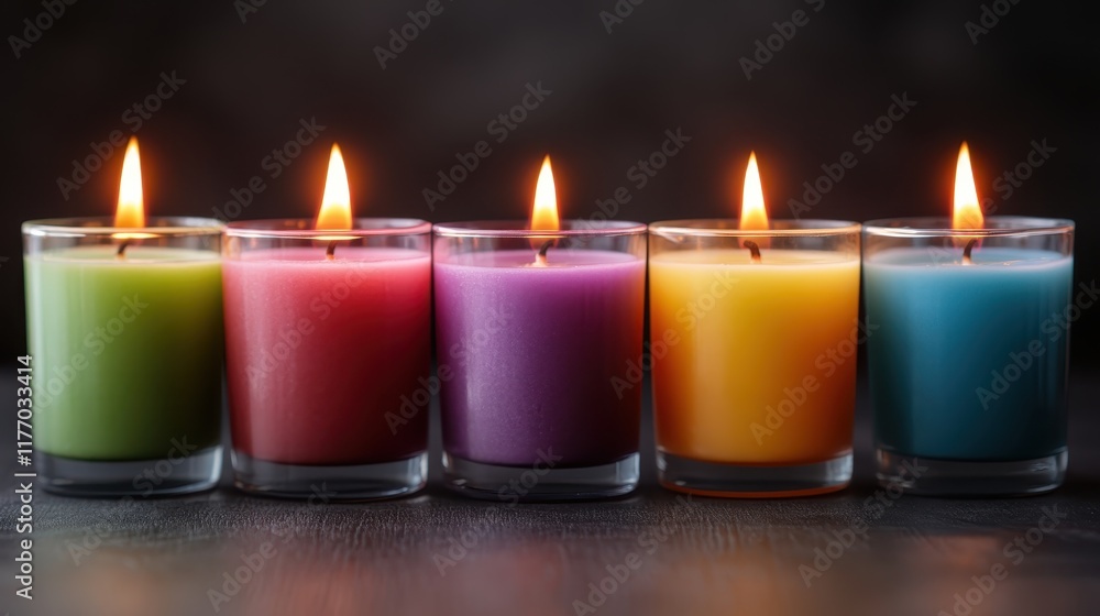 A serene line-up of vividly colored candles emits a warm glow in a dark setting, suggesting relaxation, tranquility, and the calming influence of ambient lighting. A serene line-up of vividly colored candles emits a warm glow in a dark setting, suggesting relaxation, tranquility, and the calming influence of ambient lighting.