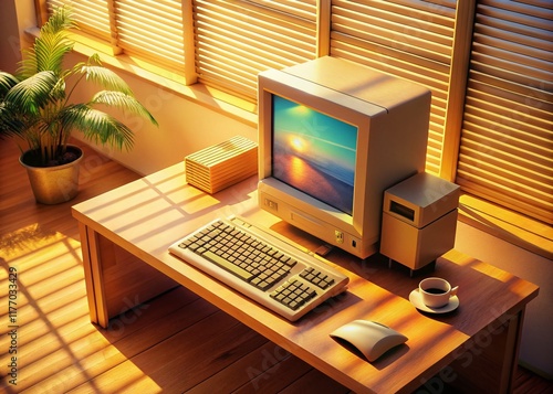 Wallpaper Mural 90s Retro Computer Desktop Aerial View - Overhead Shot of Classic PC Setup Torontodigital.ca