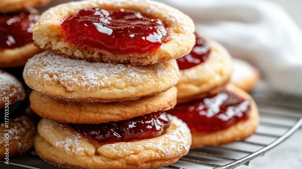 An artistic capture of classic cookies complete with luscious red berry jam, highlighting the balance of sweetness and crumbly texture, perfect for dessert lovers. An artistic capture of classic cookies complete with luscious red berry jam, highlighting the balance of sweetness and crumbly texture, perfect for dessert lovers.