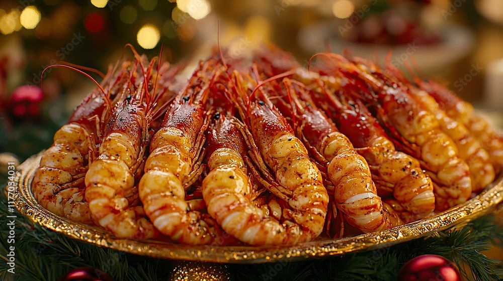 Roasted prawns on platter, festive Christmas table setting background. Roasted prawns on platter, festive Christmas table setting background.