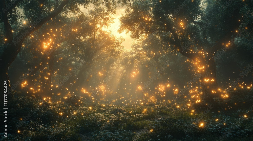 Naklejka premium Magical forest glowing with fireflies at sunset surrounded by lush greenery