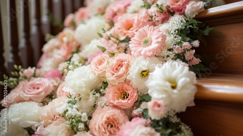 Beautiful pink and white flower arrangement cascading down a staircase