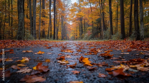 Colorful autumn leaves cover a forest path in vibrant orange and red tones du...